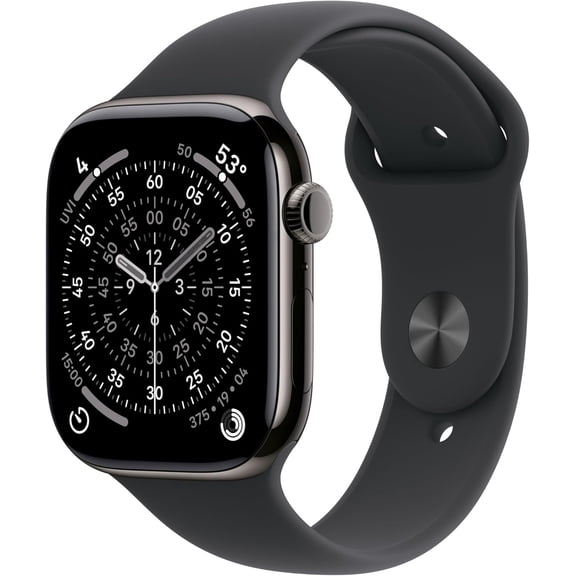 Apple Watch Series 11 [GPS + Cellular 42mm] Smartwatch with Slate Titanium Case with Black Sport Band - S/M