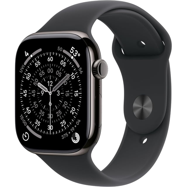 Apple Watch Series 11 [GPS + Cellular 42mm] Smartwatch with Slate Titanium Case with Black Sport Band - S/M