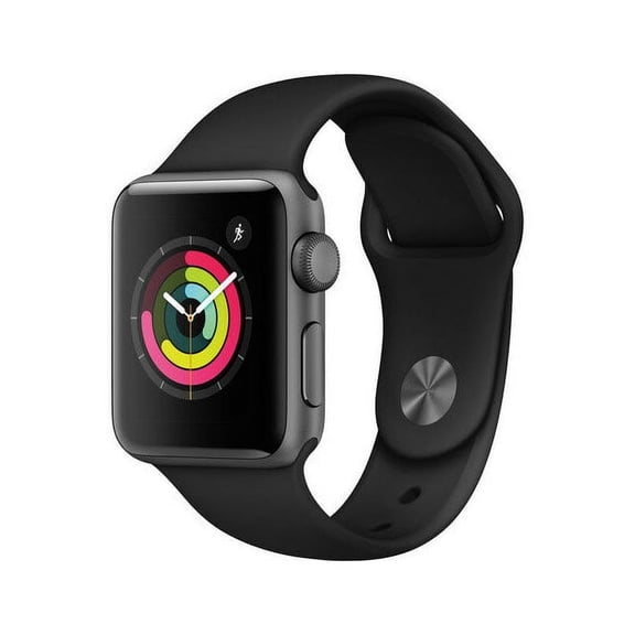 Pre-Owned Apple, Watch Series 3 GPS Smart Watch with 10 Hours Battery Life, iOS, Aluminum Case - Black Sport Band, Space Gray/38mm, 2, 1, 1