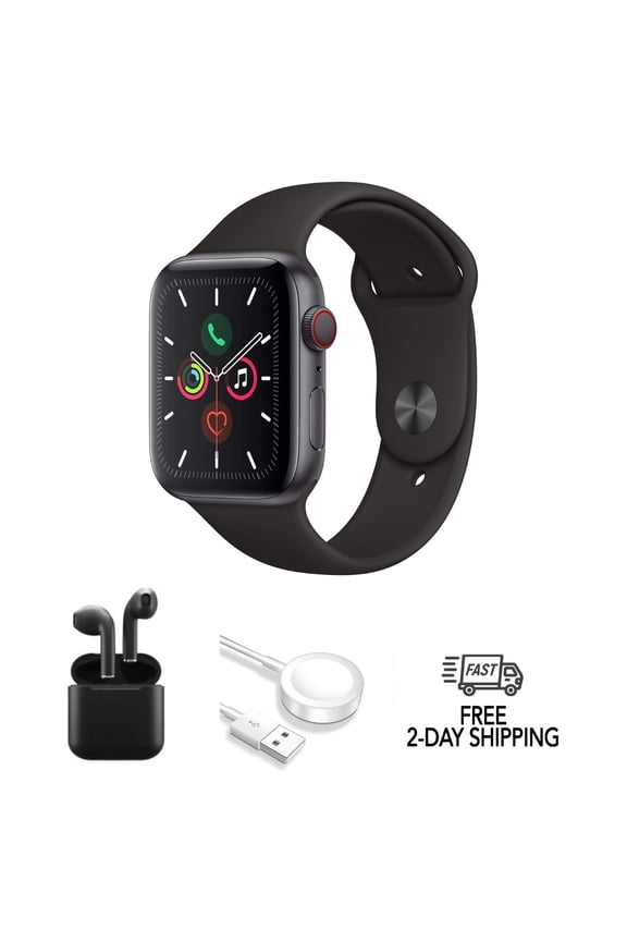 Pre-Owned Apple Watch Series 5 Aluminum 44mm A2095 (GPS + Cellular) Space Gray w/ Wireless Earbuds