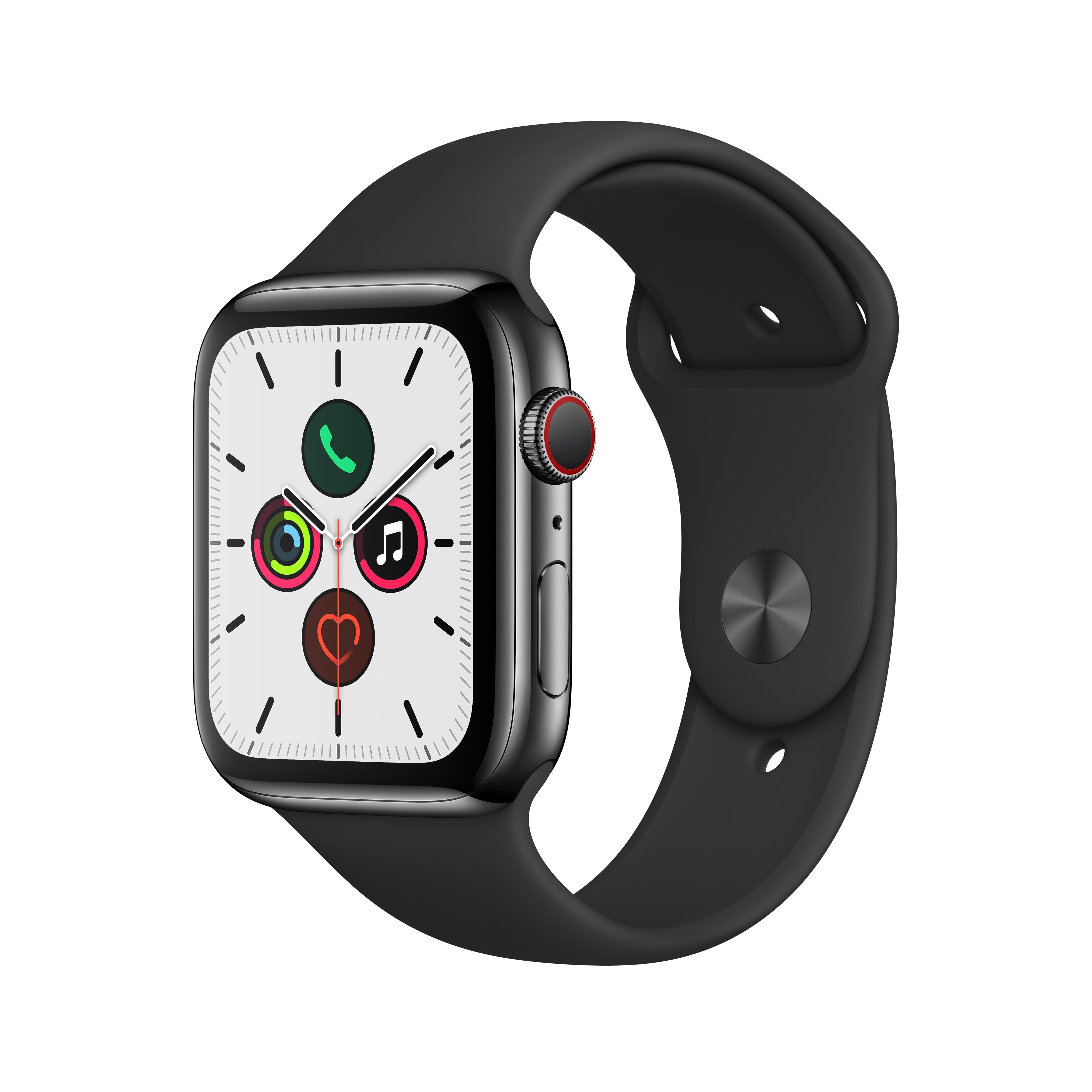Apple Watch Series 5 GPS + Cellular, 44mm Space Black Stainless Steel Case  with Black Sport Band - S/M & M/L