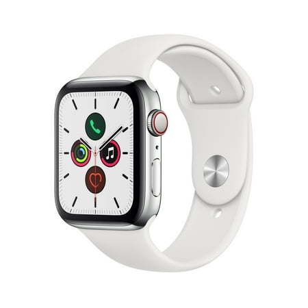 Apple Watch Series 5 (GPS + Cellular) 44mm Stainless Steel Case with White Sport Band - Stainless steel