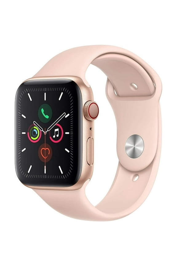 Restored Apple Watch Series 5 GPS+LTE 44MM Gold Aluminum Case with Pink Sand Sport Band, 10 Hour Battery Life