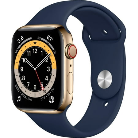 Apple Watch Series 6 GPS + Cellular, 44mm Gold Stainless Steel Case with Deep Navy Sport Band - Regular