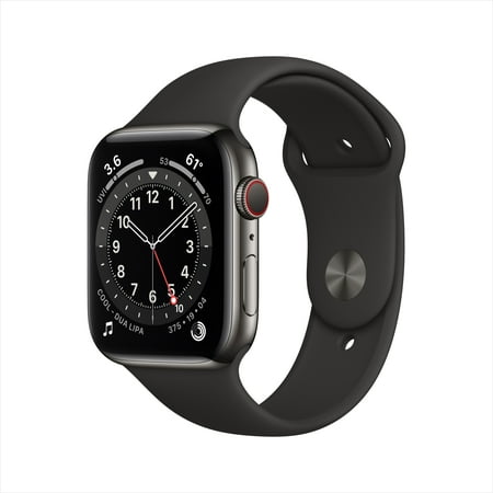 Apple Watch Series 6 GPS + Cellular, 44mm Graphite Stainless Steel Case with Black Sport Band - Regular
