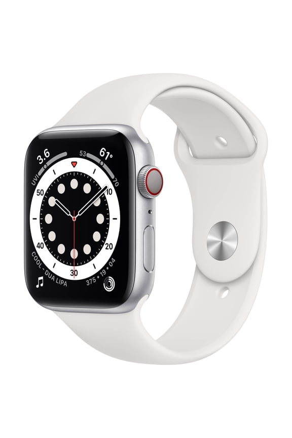 Pre-Owned Apple Watch Series 6 GPS + Cellular, 44mm Silver Aluminum Case White Sport Band