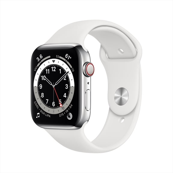 Restored Apple Watch Series 6 GPS + Cellular, 44mm Silver Stainless Steel Case with White Sport Band - Regular