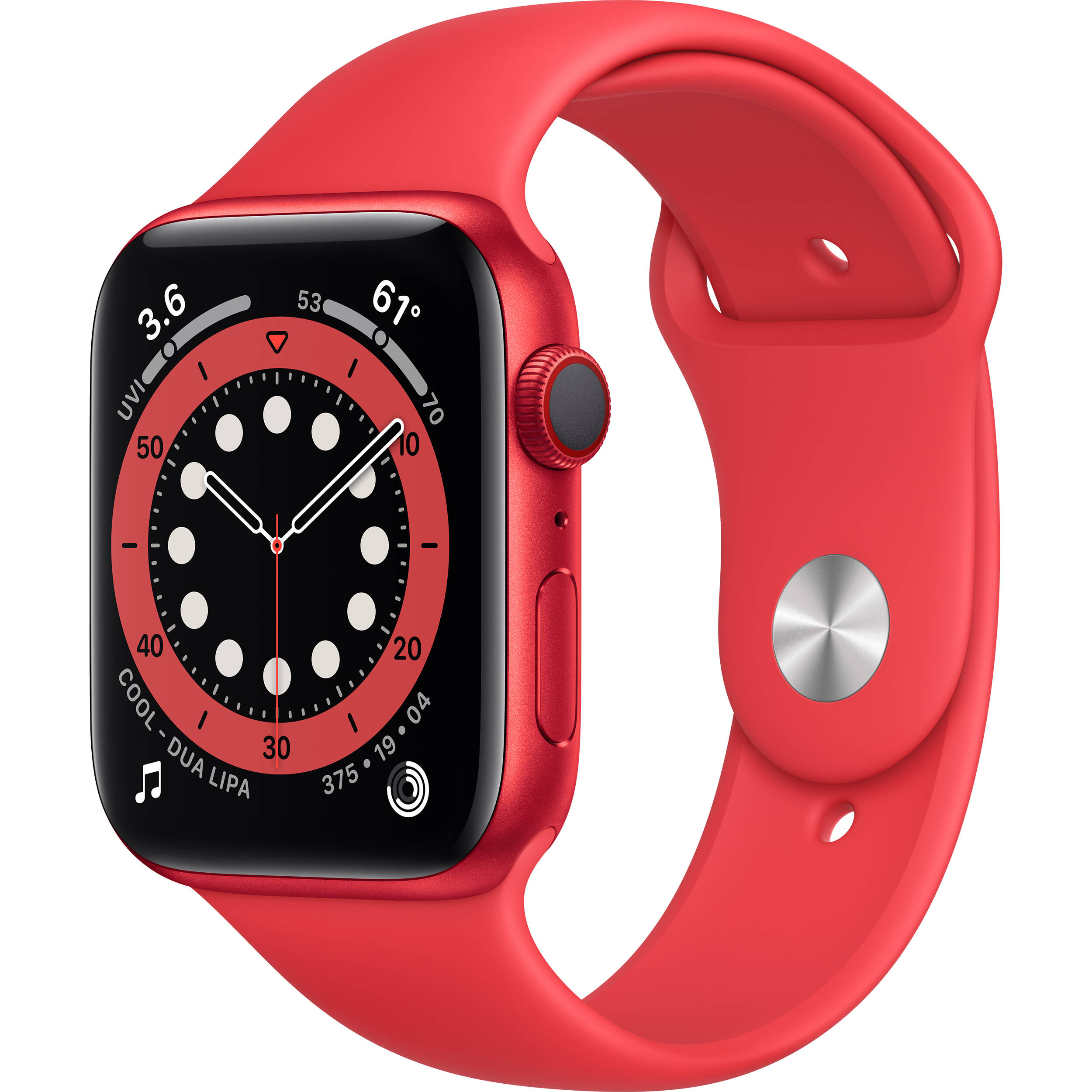 Apple Watch Series 6 (GPS + Cellular) - (PRODUCT) RED - 44 mm - red aluminum - smart watch with sport band - fluoroelastomer - red - band size: S/M/L - 32 GB - Wi-Fi, Bluetooth - 4G - 1.29 oz - image 1 of 8