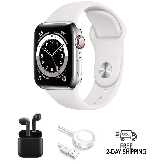 Pre-Owned Apple Watch Series 6 Stainless Steel 44mm (GPS + Cellular) Silver w/ Wireless Earbuds