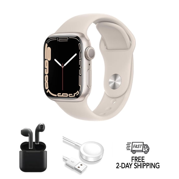 Pre-Owned Apple Watch Series 7 Aluminum 45 mm (GPS Only, No Cellular) Starlight w/ Wireless Earbuds