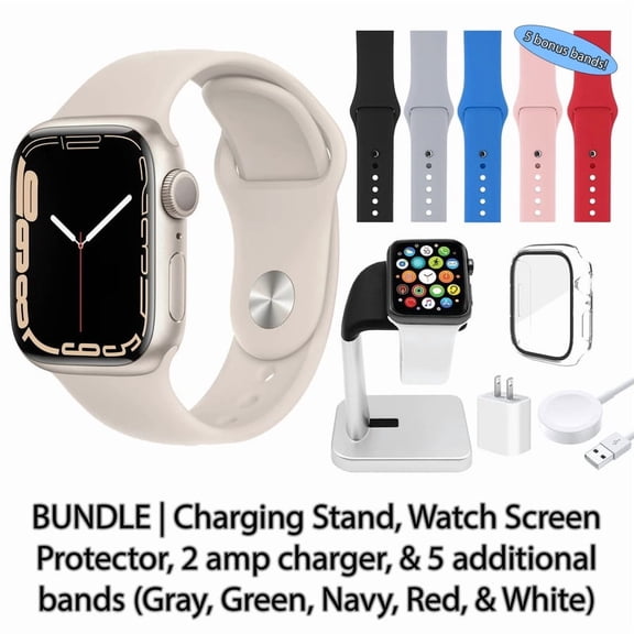 Restored Apple Watch Series 7 (GPS, 45 mm) Starlight Aluminum Case with Starlight Sport Band, 5 Bonus Bands, Charging Stand, Screen Protector, & 2 amp charger
