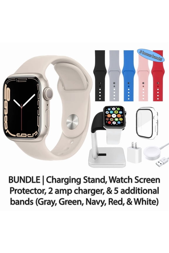 Restored Apple Watch Series 7 (GPS, 45 mm) Starlight Aluminum Case with Starlight Sport Band, 5 Bonus Bands, Charging Stand, Screen Protector, & 2 amp charger
