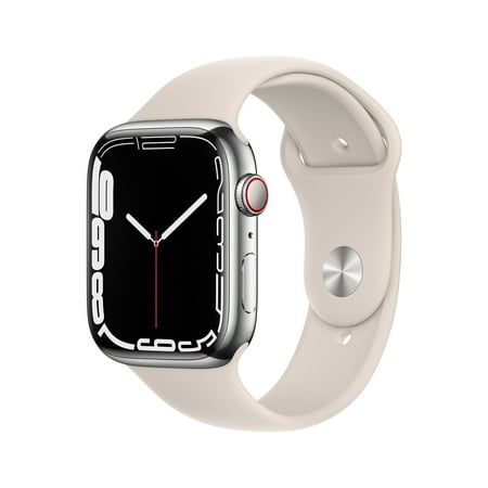 Apple Watch Series 7 GPS + Cellular, 45mm Silver Stainless Steel Case with Starlight Sport Band - Regular