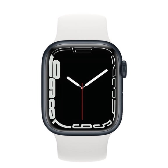 Pre-Owned Apple ,Watch Series 7, Smart Watch, GPS + Cellular, with 18 Hour Battery Life, Fall detection, iOS, Midnight Aluminum Case with White Sport Band/45mm, 1