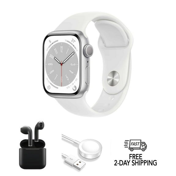 Pre-Owned Apple Watch Series 8 Aluminum 41mm A2772 (GPS + Cellular) Silver w/ Wireless Earbuds