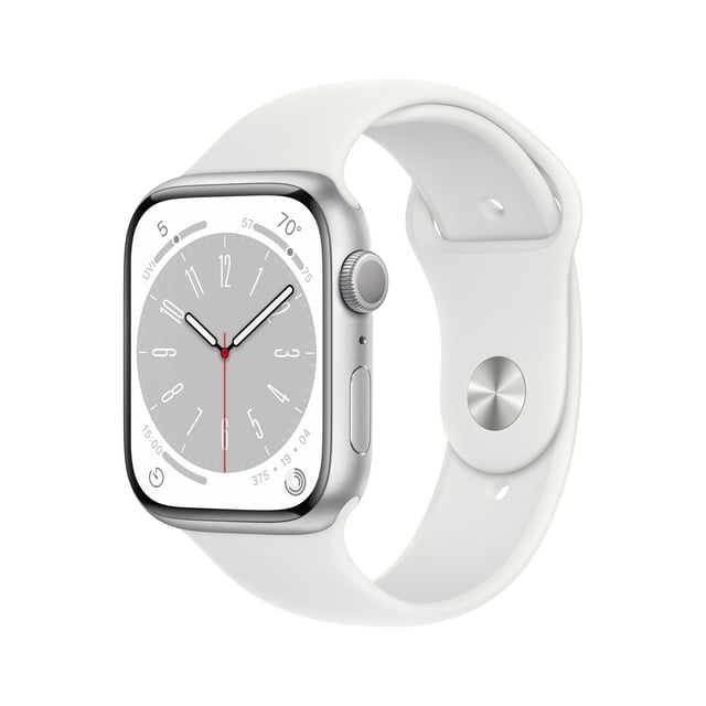 Apple Watch Series 8 GPS 45mm Silver Aluminum Case with White Sport Band - M/L. Fitness Tracker, Blood Oxygen & ECG Apps, Always-On Retina Display