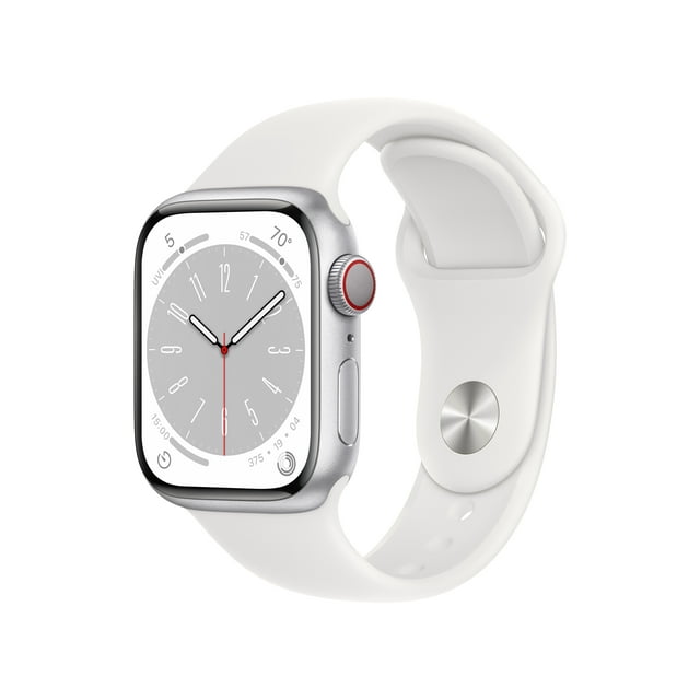 Apple Watch Series 8 GPS + Cellular 41mm Silver Aluminum Case with White Sport Band - S/M. Fitness Tracker, Blood Oxygen & ECG Apps, Always-On Retina Display