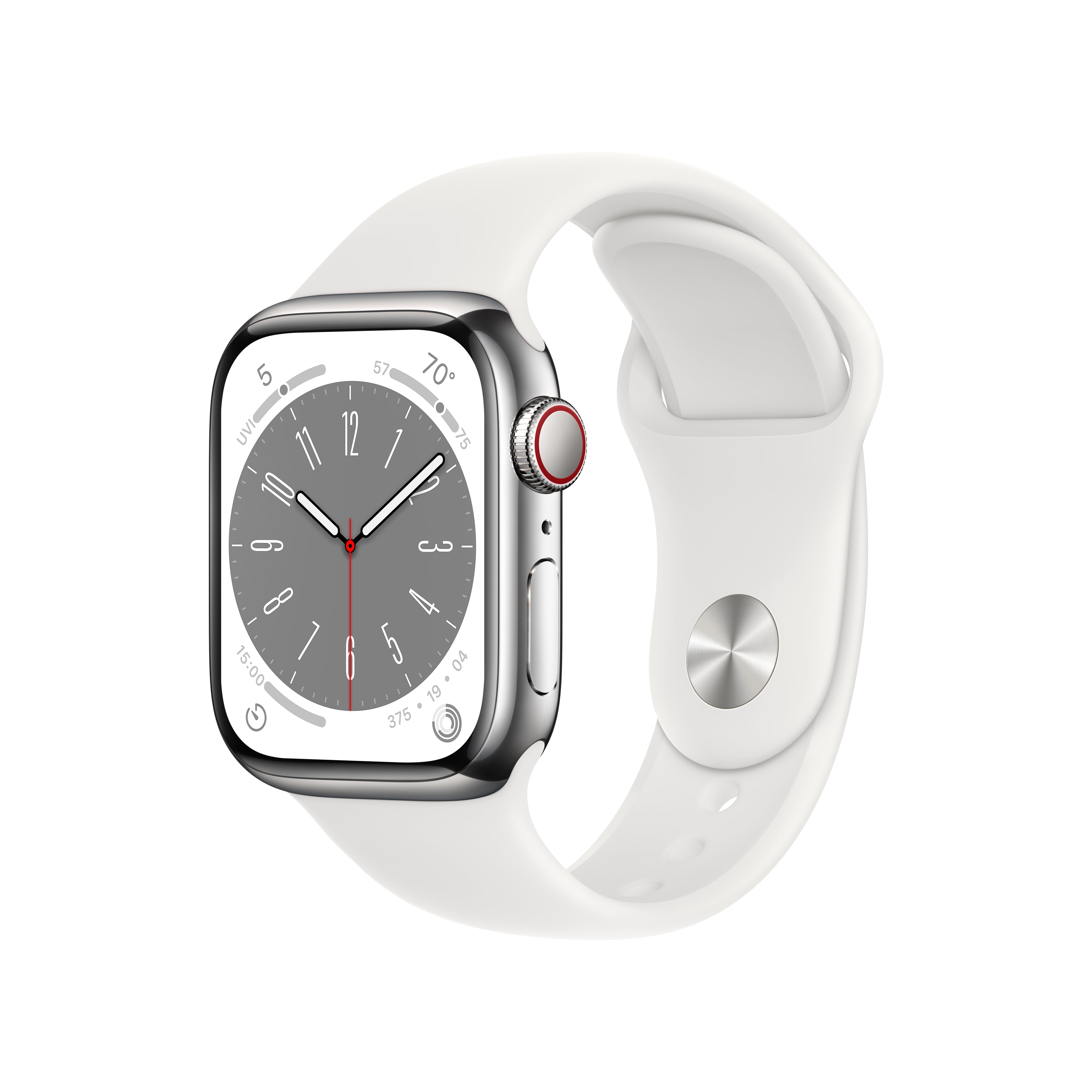 Apple Watch Series 8 GPS + Cellular 41mm Silver Stainless Steel Case with  White Sport Band - S/M