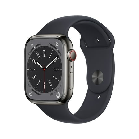 Apple Watch Series 8 GPS + Cellular 45mm Graphite Stainless Steel Case with Midnight Sport Band - S/M. Fitness Tracker, Blood Oxygen & ECG Apps, Always-On Retina Display