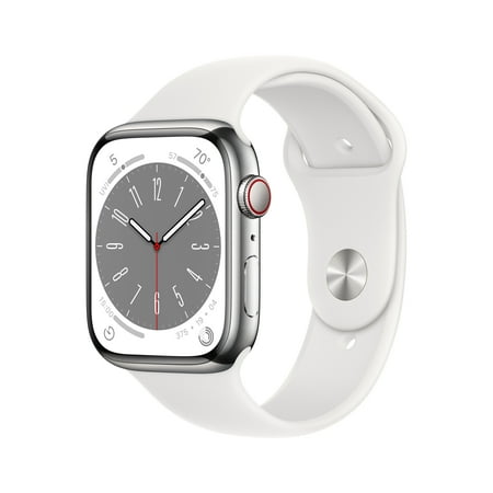 Apple Watch Series 8 GPS + Cellular 45mm Silver Stainless Steel Case with White Sport Band - M/L. Fitness Tracker, Blood Oxygen & ECG Apps, Always-On Retina Display