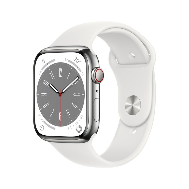 Apple Watch Series 8 GPS Cellular 45mm Silver Stainless Steel Case with White Sport Band M L. Fitness Tracker Blood Oxygen ECG Apps Always On