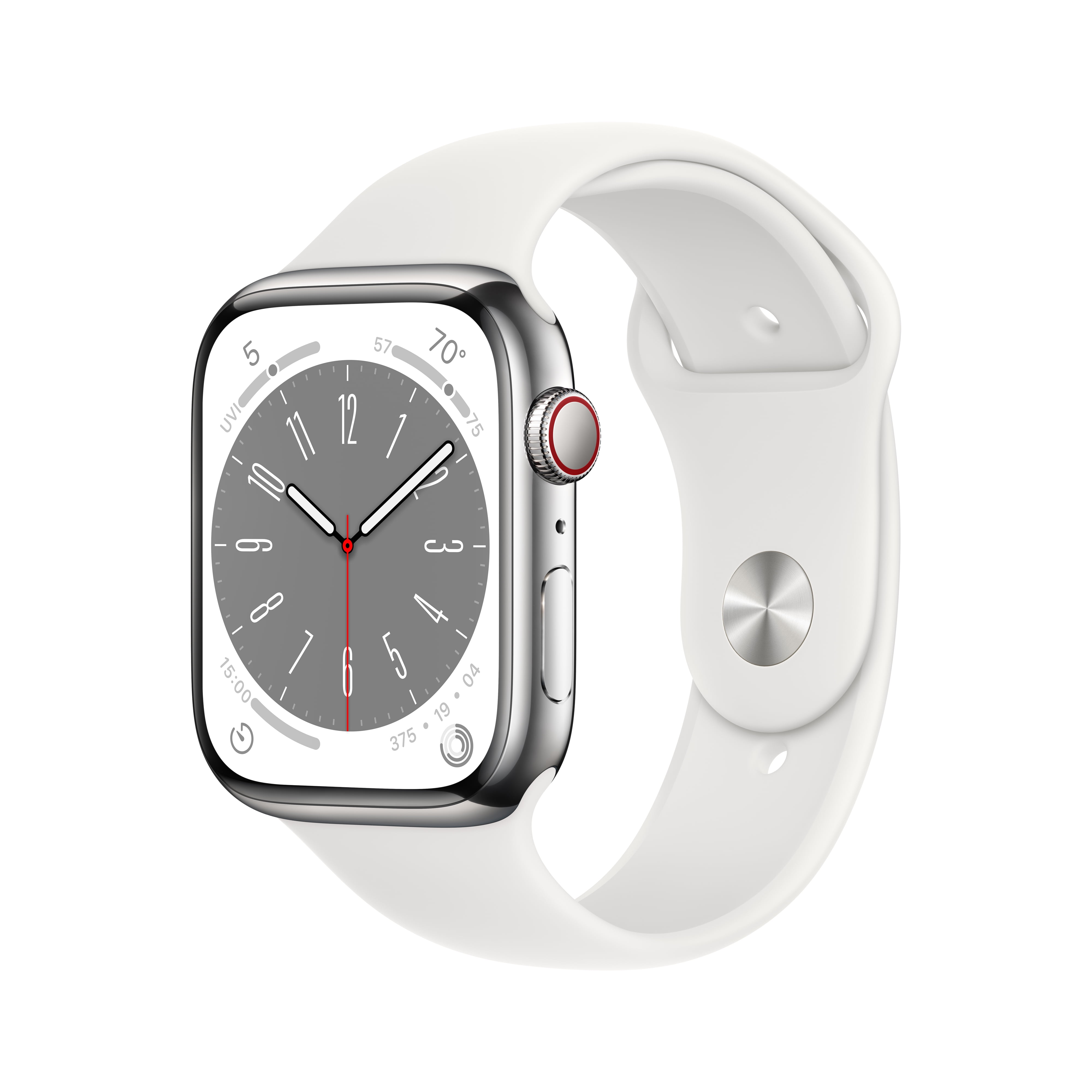 Apple Watch Series GPS Cellular 45mm Silver Stainless Steel Case with  White Sport Band M/L