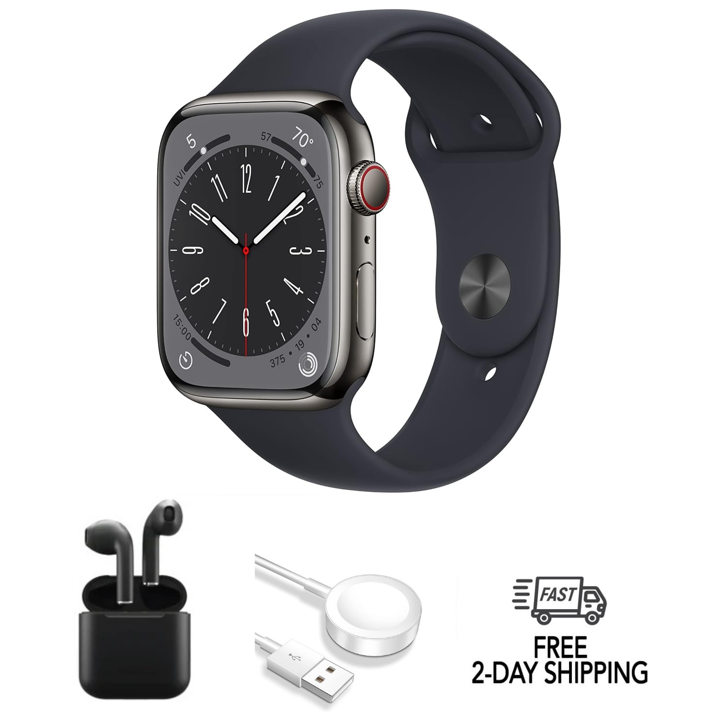 Pre-Owned Apple Watch Series 8 Stainless Steel 41mm (GPS + Cellular) Graphite w/ Wireless Earbuds