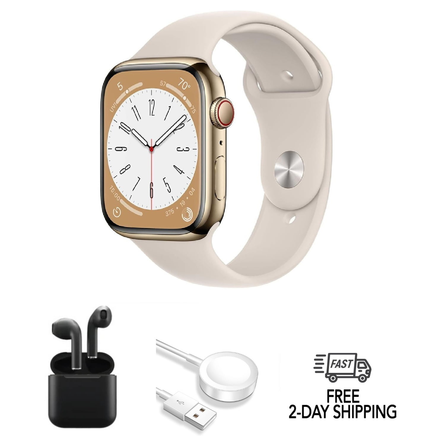 Pre-Owned Apple Watch Series 8 Stainless Steel 45mm (GPS + Cellular) Gold w/ Wireless Earbuds