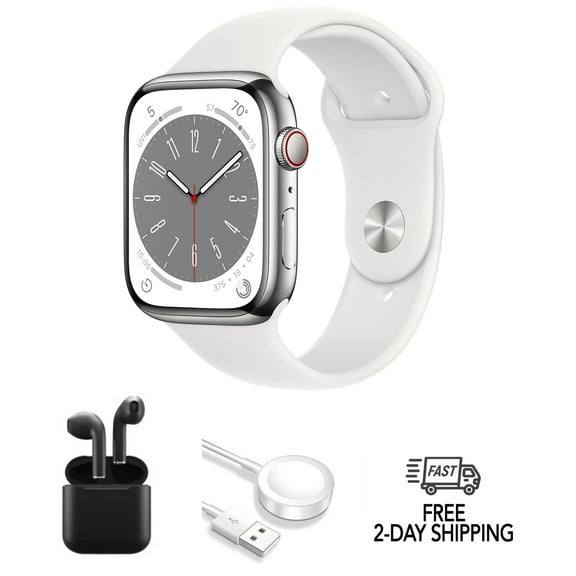 Pre-Owned Apple Watch Series 8 Stainless Steel 45mm (GPS + Cellular) Silver w/ Wireless Earbuds