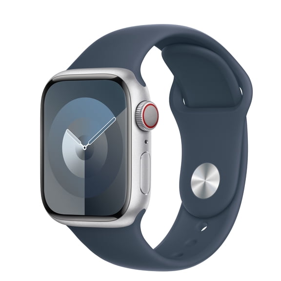 Restored Apple Watch Series 9 (GPS + Cellular) 41mm Silver Aluminum Case with Storm Blue Sport Band, 18 Hour Battery Life, 64 GB