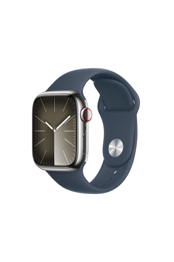 Restored Apple Watch Series 9 [GPS + Cellular 41mm] Smartwatch with Silver Stainless Steel Case and Storm Blue Sport Band - M/L. Fitness Tracker, ECG Apps, Always-On Retina Display, Water Resistant