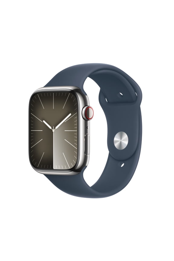 Restored Apple Watch Series 9 [GPS + Cellular 45mm] Smartwatch with Silver Stainless Steel Case and Storm Blue Sport Band - M/L. Fitness Tracker, ECG Apps, Always-On Retina Display, Water Resistant