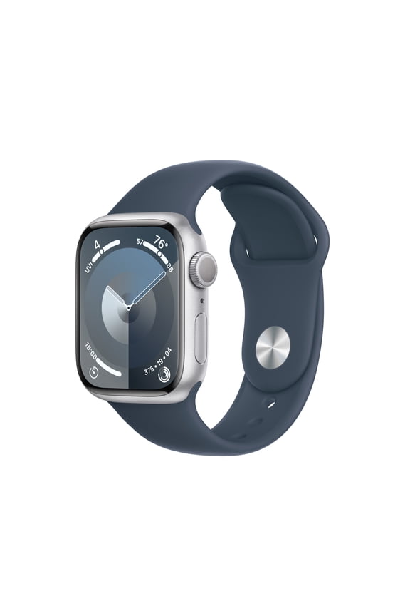 Restored Apple Watch Series 9 With Blood Oxygen. GPS 41mm Silver Aluminum Case with Storm Blue Sport Band - M/L.