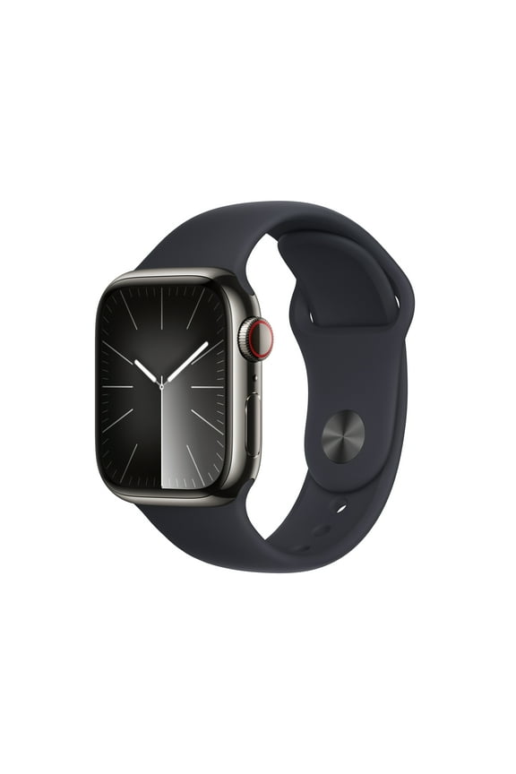Open Box Apple Watch Series 9 With Blood Oxygen. GPS + Cellular 41mm Graphite Stainless Steel Case with Midnight Sport Band - M/L.