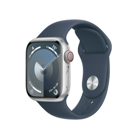 Apple Watch Series 9 With Blood Oxygen. GPS + Cellular 41mm Silver Aluminum Case with Storm Blue Sport Band - S/M.