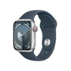 Apple Watch Series 9 With Blood Oxygen. GPS + Cellular 41mm Silver Aluminum Case with Storm Blue Sport Band - S/M.