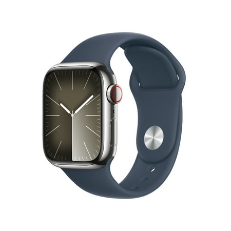 Apple Watch Series 9 With Blood Oxygen. GPS + Cellular 41mm Silver Stainless Steel Case with Storm Blue Sport Band - M/L.