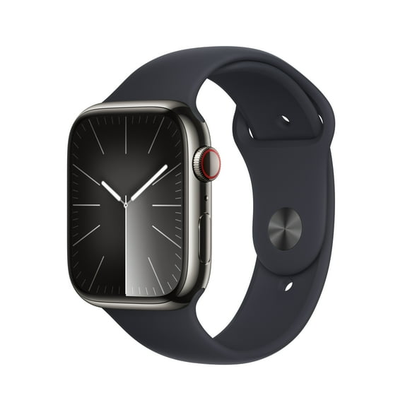 Apple Watch Series 9 With Blood Oxygen. GPS + Cellular 45mm Graphite Stainless Steel Case with Midnight Sport Band - M/L.