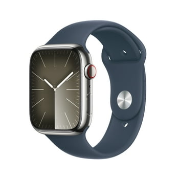 Apple Watch Series 9 With Blood Oxygen. GPS + Cellular 45mm Silver Stainless Steel Case with Storm Blue Sport Band - S/M.