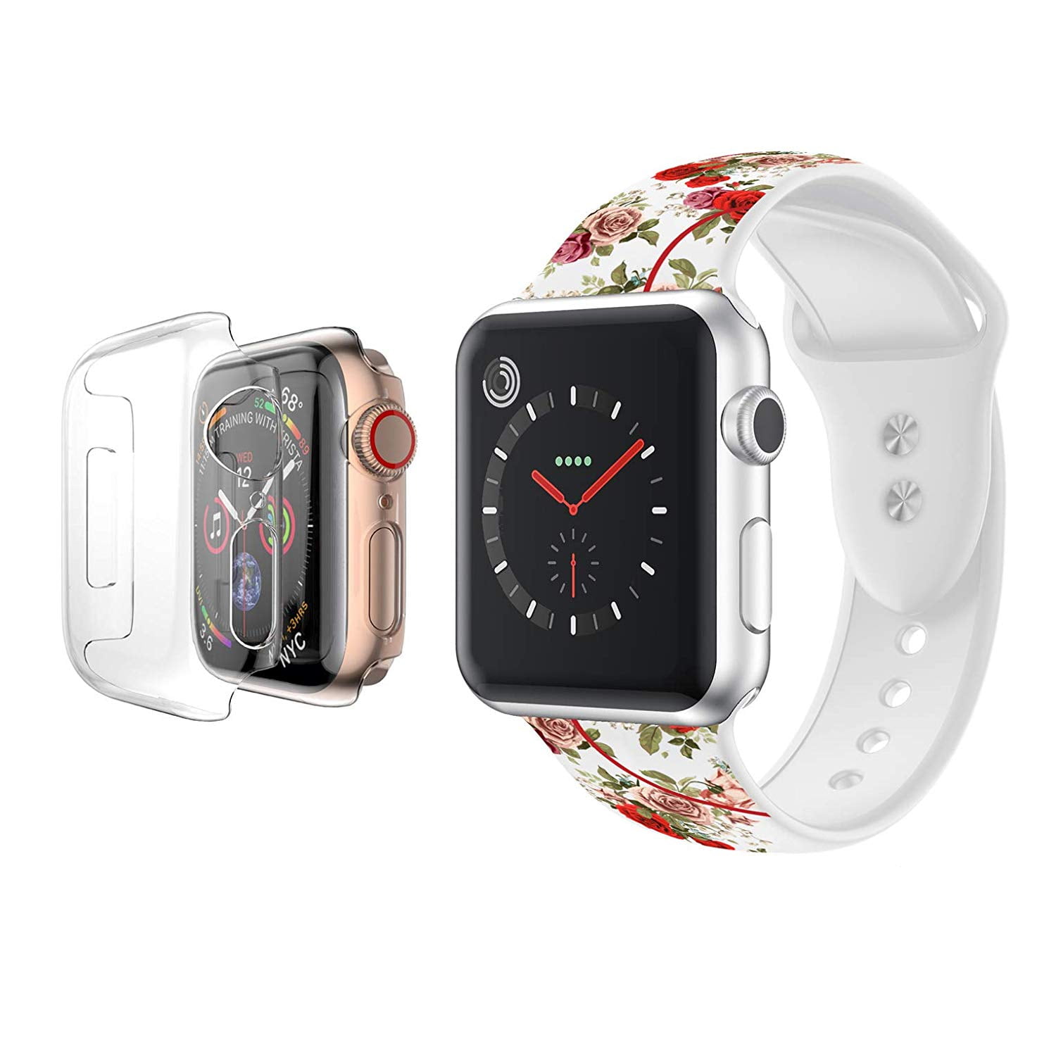 Apple Watch Silicone Band with Full Body Clear Hard Temper Glass Screen Protector for Apple iWatch Series 4 5 6 SE Pink with Leaves Walmart