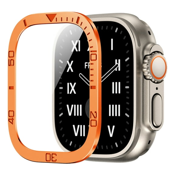 for Apple Watch Ultra 2 / Ultra Screen Protector 49mm - 9H Tempered Glass + Titanium Alloy Frame [Stay Original] Waterproof HD Glass Film for iWatch Ultra 49mm,Orange