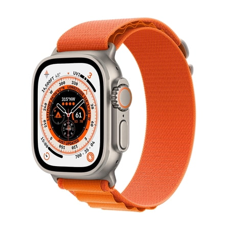 Apple Watch Ultra - 49 mm - titanium - smart watch with Alpine Loop - textile - orange - band size: S - 32 GB - LTE, Wi-Fi, Bluetooth, UWB - 4G - 2.16 oz