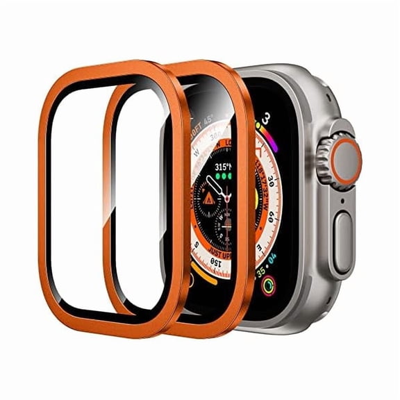 for Apple Watch Ultra Screen Protector 49mm, 9H Tempered Glass + Titanium Alloy Frame, Lightweight Protective Glass Film for iWatch Ultra 2 Pack, Orange