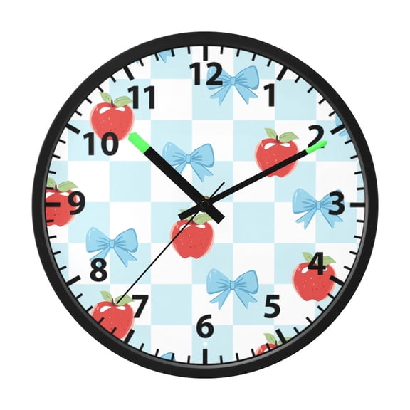 Apple and Bow Pattern Wall Clock 12 Inch Voice Activated Night Light Silent Non Ticking