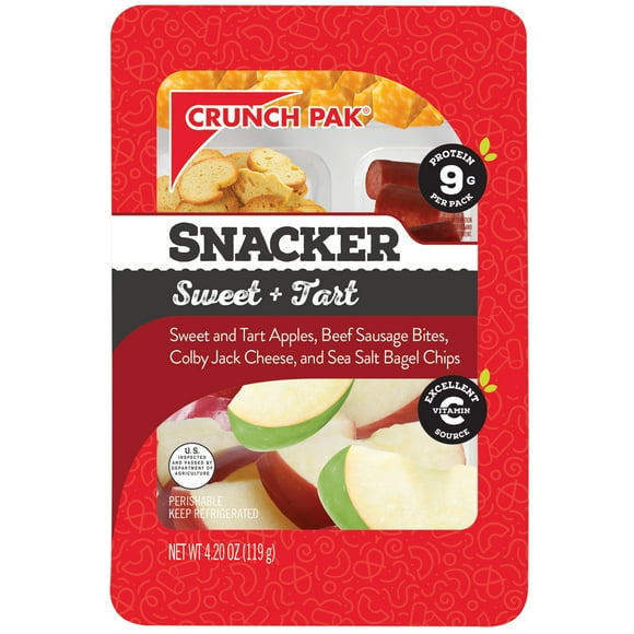 Crunch Pak Fresh Chilled Sweet & Tart Sliced Apples, Beef Sausage Bites, Colby Jack Cheese & Sea Salt Bagel Chips Snack Tray, 4.2 Oz
