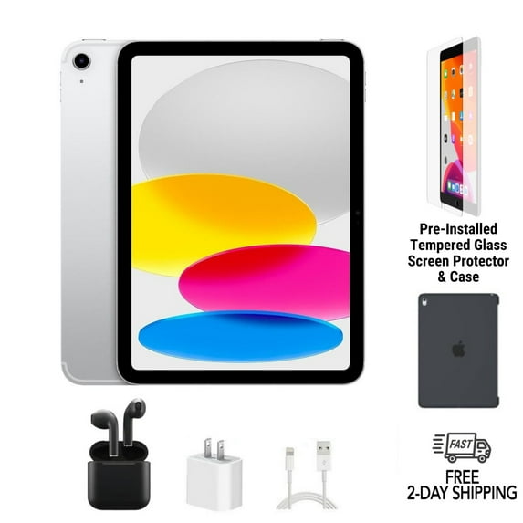 Pre-Owned Apple iPad 10th Gen (2022) A2757 (WiFi + Cellular Unlocked) 256GB Silver Bundle with Case, Wireless Earbuds, Tempered Glass Screen Protector