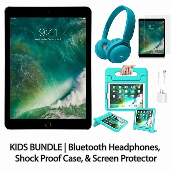 Restored Apple iPad 5 9.7" 32GB Space Gray (Wifi) Kids Bundle with Bluetooth Headphones, Shock Proof Case, & Screen Protector