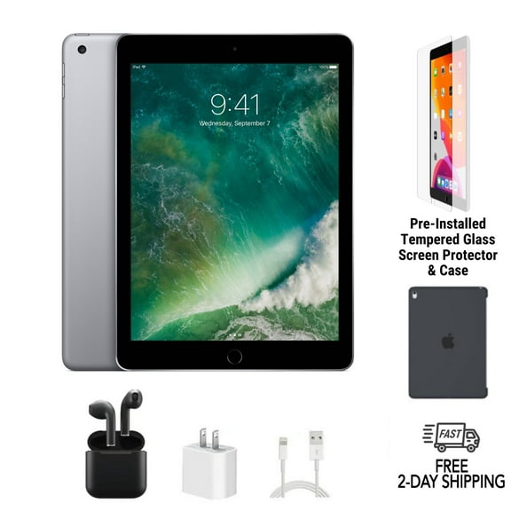 Pre-Owned Apple iPad 5th Gen A1822 (WiFi) 128GB Space Gray Bundle with Case, Wireless Earbuds, Tempered Glass Screen Protector