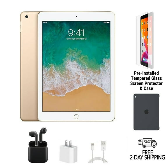 Pre-Owned Apple iPad 5th Gen A1822 (WiFi) 32GB Gold Bundle with Case, Wireless Earbuds, Tempered Glass Screen Protector