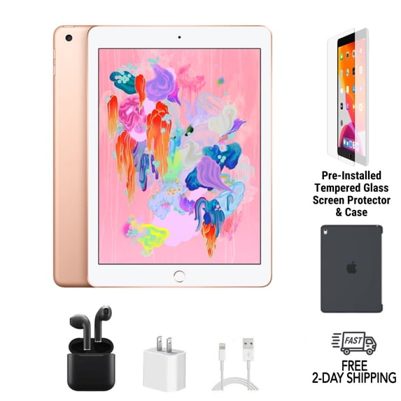 Pre-Owned Apple iPad 6th Gen A1893 (WiFi) 128GB Gold Bundle with Case, Wireless Earbuds, Tempered Glass Screen Protector
